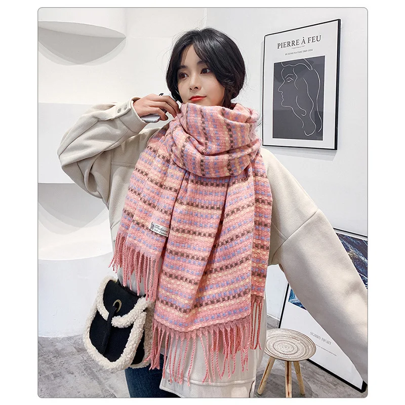 Knitted Scarf Stoles Women Autumn Winte Keep Warm Plaid Scarves Girl Outdoor Cute Pashmina Hijab All-Match Midi Shawl Padded Bib baby knitted hat scarf set autumn winter keep warm thicken cap for girls boys cute cartoon penguin caps beanies scarf baby stuff