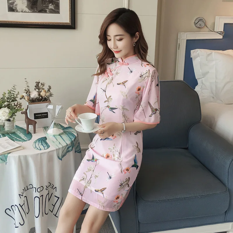 

2018 Summer New Style Improved Chinese-style Fresh Floral-Print Chiffon Printed Cheongsam Dress