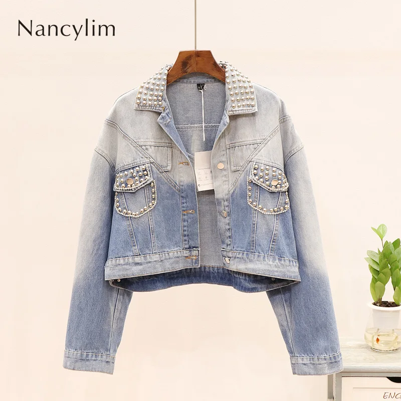 

Spring Autumn New Fashion Heavy Rivet Studded Short Denim Jacket Women's Loose Jackets Female Lady Cool Streetwear Jean Coats