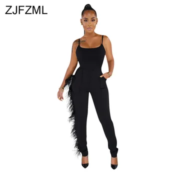 

Feather Spliced Skinny Overall for Women Spaghetti Strap Backless Sexy Club Jumpsuit Summer Solid Side Pockets Long Bodysuits