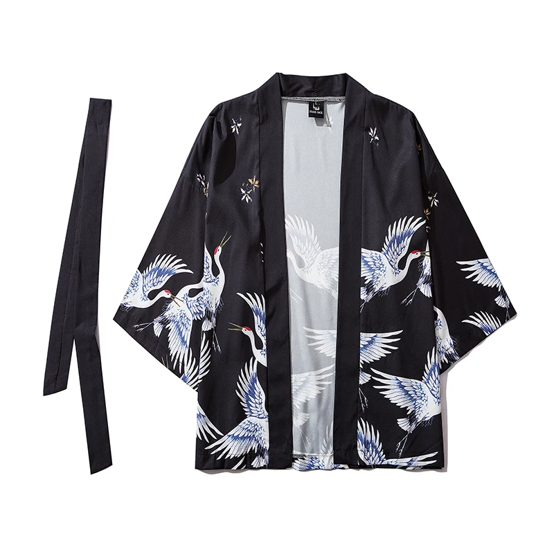 Осеннее женское японское кимоно Haori кардиган с поясом в китайском стиле с принтом журавля тонкая куртка наряды свободные пижамы одежда для сна - Цвет: Color1