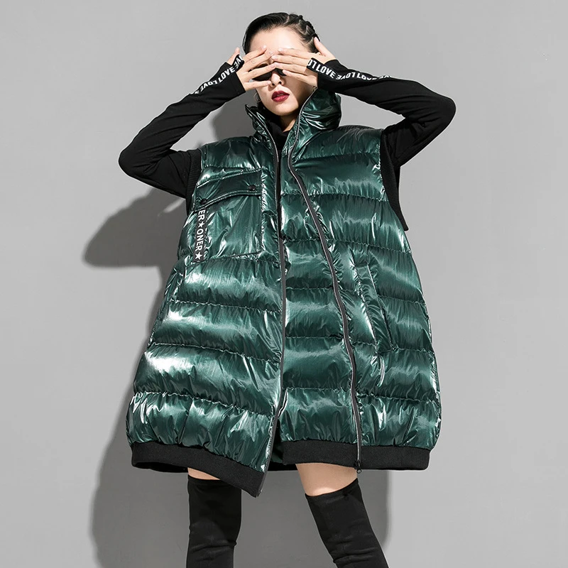 CHICEVER корейское плюс Толстое Зимнее пальто для женщин со стоячим воротником без рукавов оверсайз повседневное теплое хлопковое пальто Топы женские Новинка