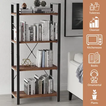

4-Tier Bookshelf Storage Rack Living Room Bookcase Stable Steel Frame Bedroom Office Ladder Shelf
