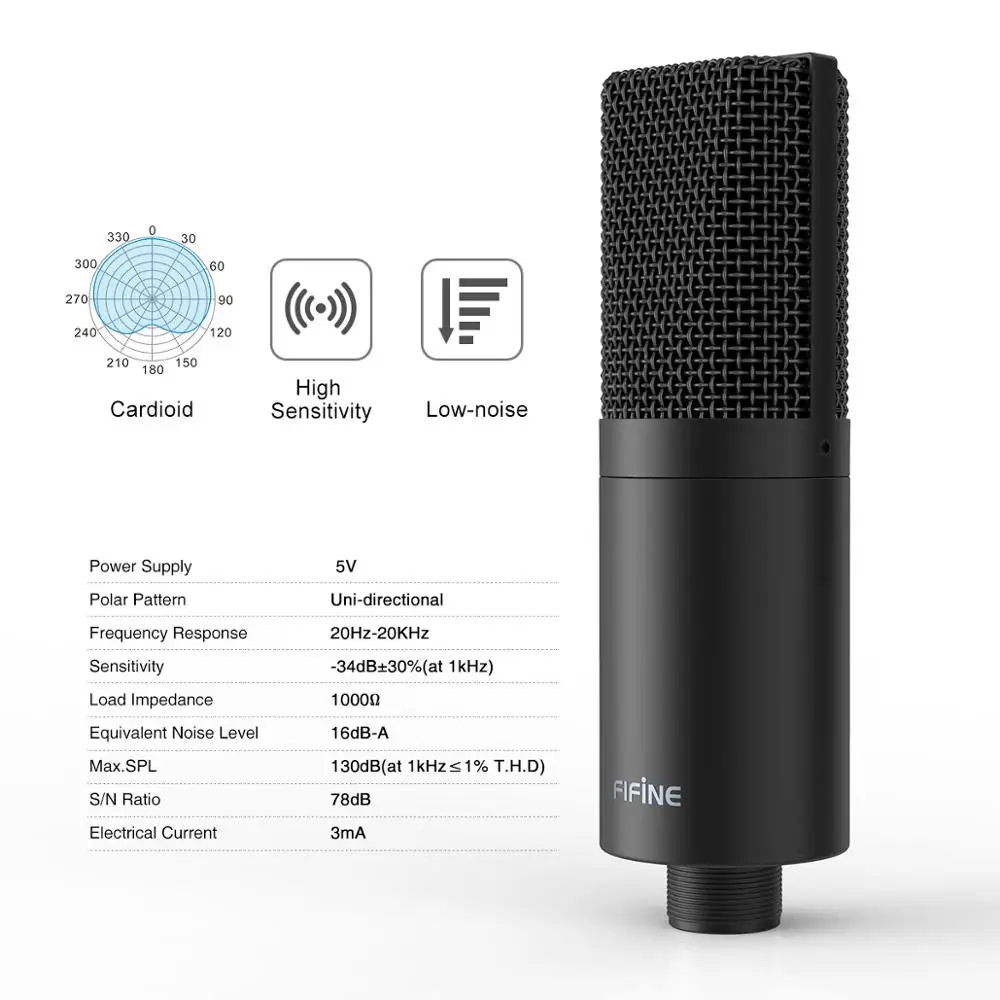  Fifine USB PC Condenser Microphone with Adjustable desktop mic arm shock mount for Studio Recording