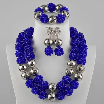 

Royal Blue and Silver Crystal Ball Beaded Necklace African Jewelry Set for Nigerian Wedding