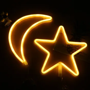 

2pcs Moon and Star Neon Light LED Decorative Lamp Night Lights Party Decor for Christmas Bedroom (Warm White, USB and Battery)