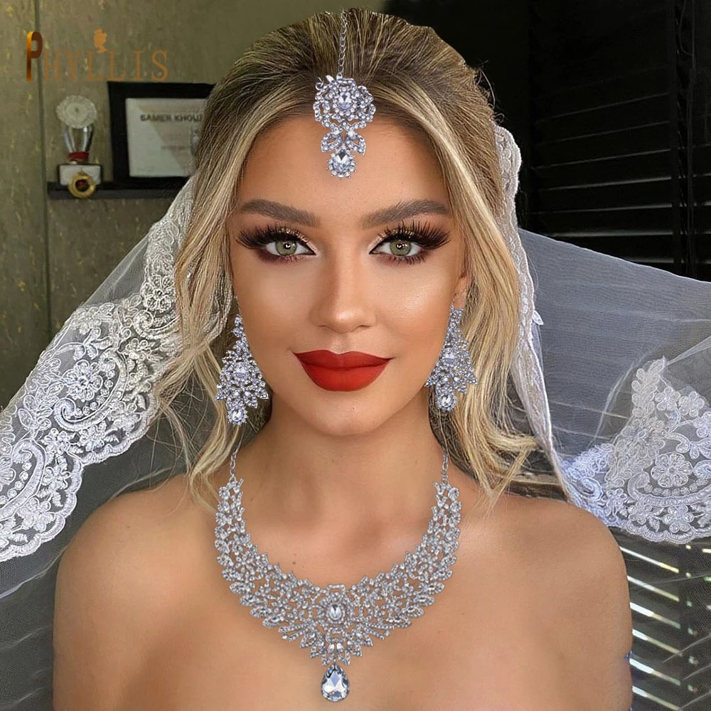 C30 Wedding Forehead Chain Necklace Earrings Set for Women