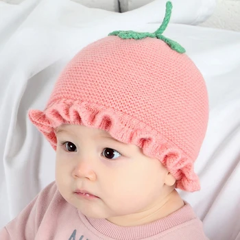 

2019 Hot Korean Version Baby Hat Autumn And Winter 0-12 Month Strawberry Knitted Baby Wool Hat New Lace Ferrule Child Knit Cap