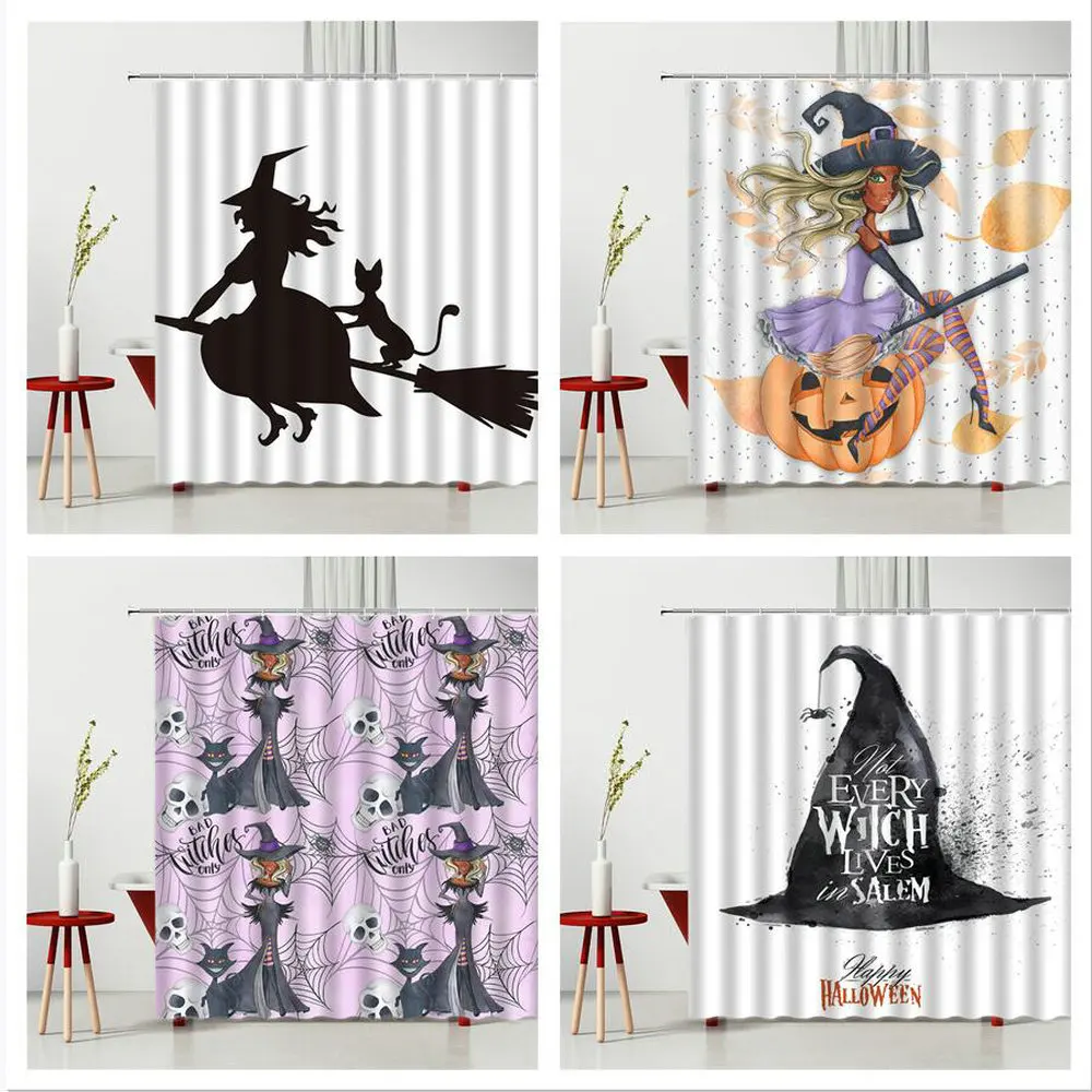 

Halloween Shower Curtain Cover Witch Broom Broom Pumpkin Home Bathroom Bathtub Decoration Waterproof Polyester Fabric