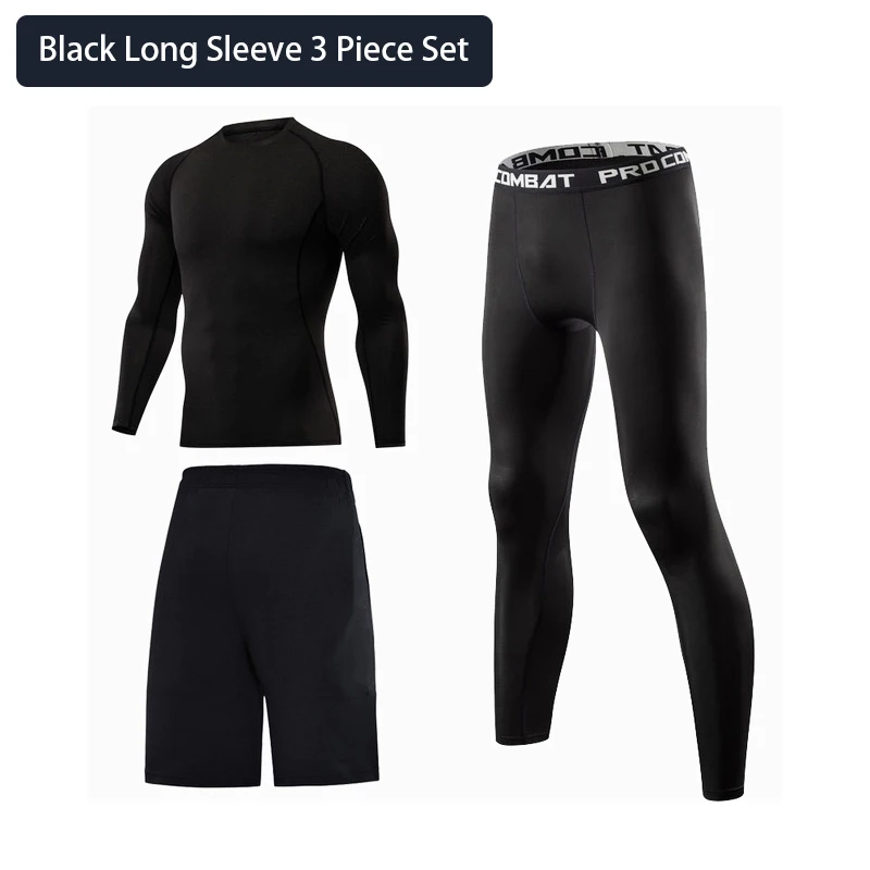 Black long sleeve 3 шт./компл. Для мужчин спортивный костюм тренажерный зал Фитнес тренажерный зал одежда бег спортивная одежда тренировки колготки - Цвет: Black long sleeve