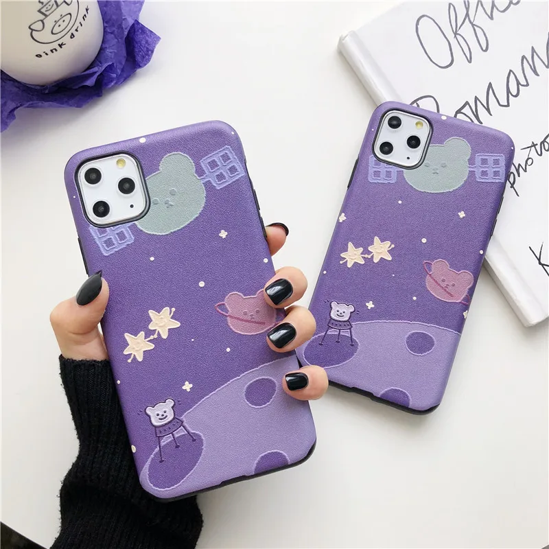 Purple Cartoon Bear for Iphone11 pro max Mobile Phone Shell XS/XR Soft Case 6S Female Apple 7/8Plus |