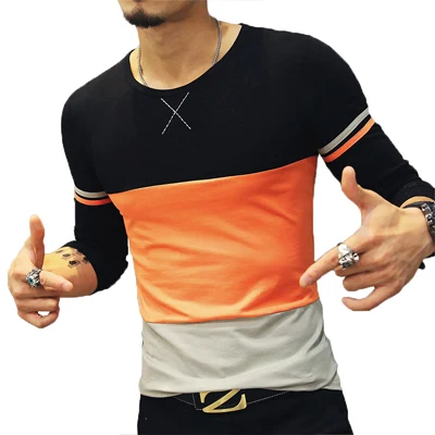 Горячая Распродажа Новая модная брендовая Приталенная футболка с длинным рукавом для мужчин, трендовая повседневная мужская футболка s, лоскутные футболки 4XL 5XL - Цвет: T633 Orange