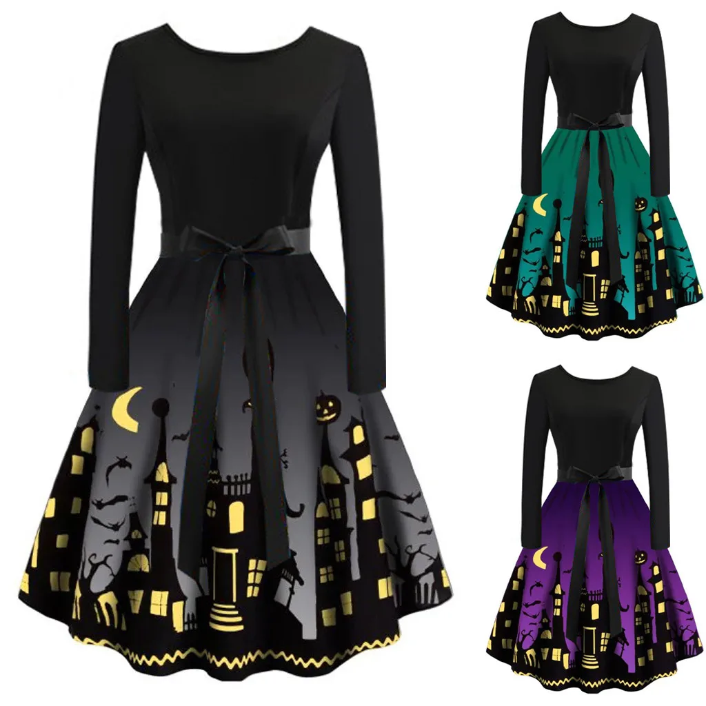 Vintage Bowknot dress Halloween Women's Digital Printed Waist Long Sleeve Stitching A-line O-neck Dress for Autumn And Winter 1
