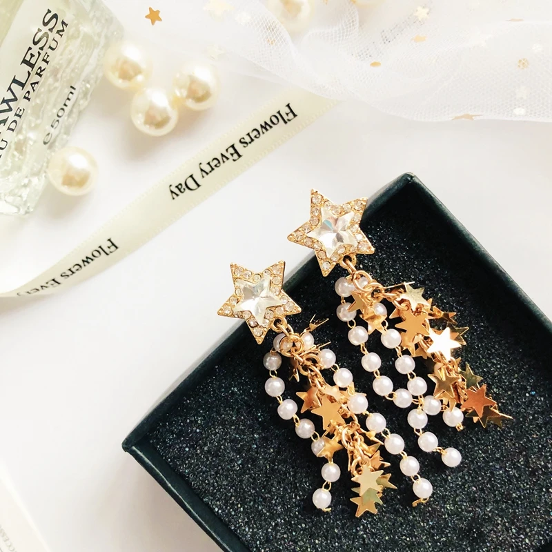 S925 Silver Needle Fashion Rhinestone Stars Tassel Earrings for Women Girls Sweet Long Pearl Sequins Five-pointed Star | Украшения и