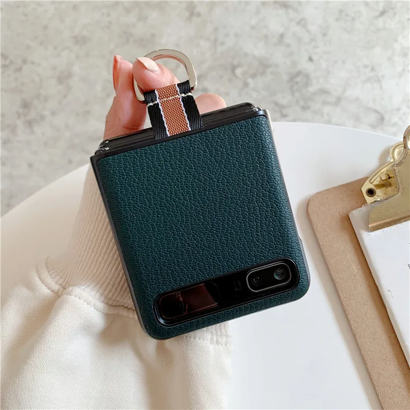 

Z Flip Casing Case For Samsung Galaxy Z Flip Portable Lychee Carbon Fiber Pattern Hand Carry Ring Hard Mobile Phone Case Cover