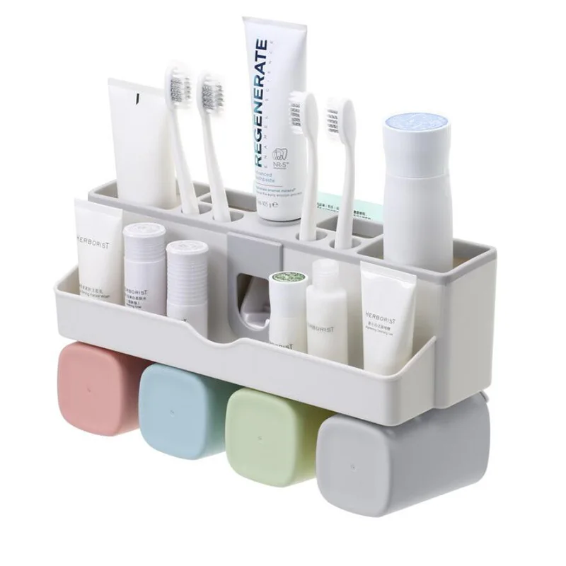 

Wall-Mounted Toothbrush Holder with 2 Toothpaste Dispensers 4 Cups and 5 Toothbrush Slots Toiletries Bathroom Storage Rack
