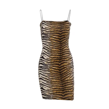 

Tiger Print Slash Neck Sleeveless Tube Slip Mini Dress Autumn Women Party Club Outfits Streetwear