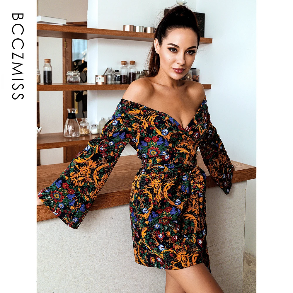 

BCCZMISS Slash Neck Dress Women Sexy Colorful Cross Belt Party Floral Yellow Retro Print Mini Lady Long Sleeve Off-Shoulder