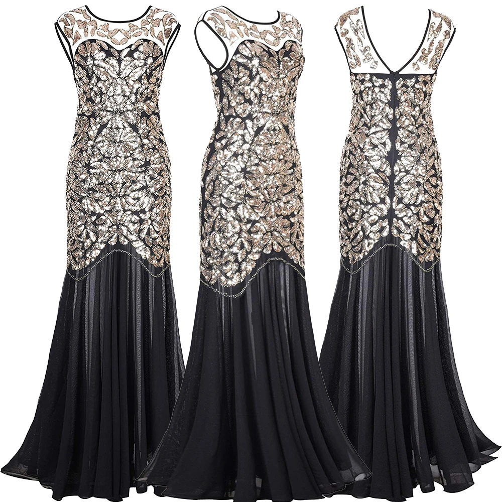 Vestidos винтажные женские вечерние платья с блестками и бисером круглым вырезом