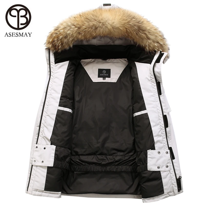 Tanie Asesmay marka 2019 mężczyźni moda kurtka zimowa stylowe męskie płaszcz zimowy kurtka typu parka grube ciepłe gęsie pióro z kapturem futro odzież wierzchnia