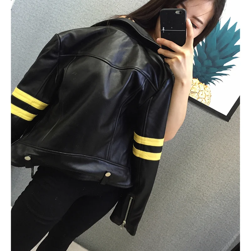 New Quality Autumn High Female Genuine Leather Jacket Short Coat Star Same Paragraph Sheepskin Women Motorcycle Biker YR692 | Женская