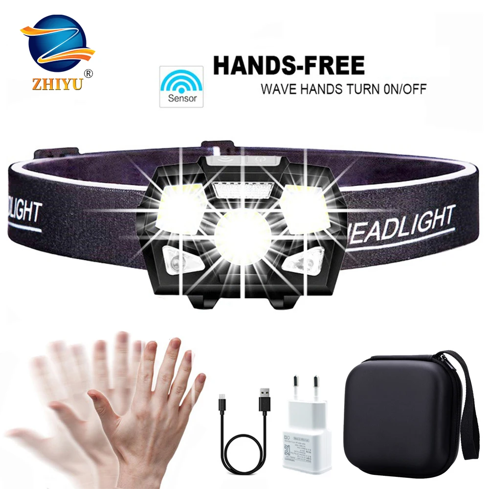 

ZHIYU Ultra Bright USB Rechargeable LED Headlamp Waterproof Head Torch with 5 Lighting Modes Finger Induction Switch for Running