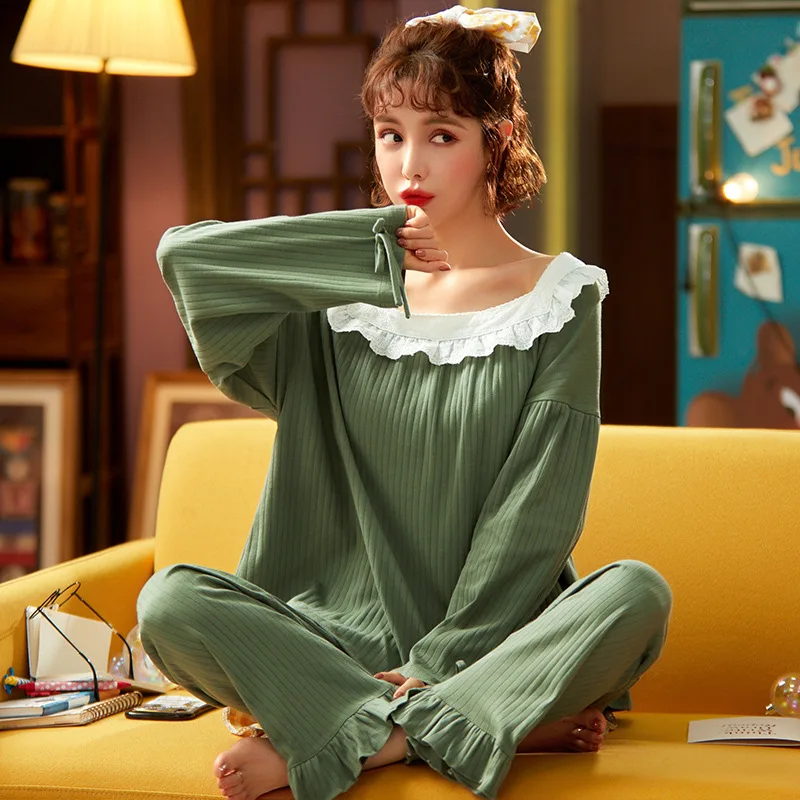 

Cotton Women Pajama Sets Autumn Solid Color Sleepwear Homewear Good Quality Cozy Casual Soft Cute Nightwear Pajamas Spring