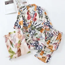 

Japanese-style Kimono Two-piece Suit Female Summer 100%Viscose Three-quarter Sleeve Trousers Pajamas Thin Home Service Cover