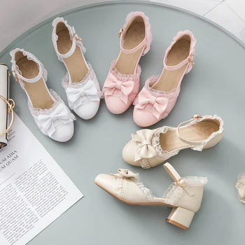 

Summer Round Toe Buckle Straps Bow Shoes Lolita Adult Girls College Students Sweet Lace PU Leather Pink Lolita Shoes Big Size