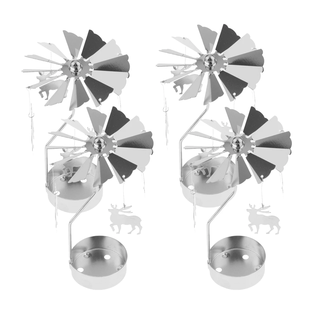 4 Pack Spinning Elk Deer Candle Holder, Silver Plated Metal Cut Tea Light Candle Stick for Tabletop Centerpiece Xmas Decoration