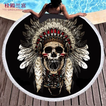 

GRIDILANGO Bohemian Feather Skull Round Beach Towels Indian Chief Skull Towel With Tassel For Picnic Mat Quickly Drying Dropship