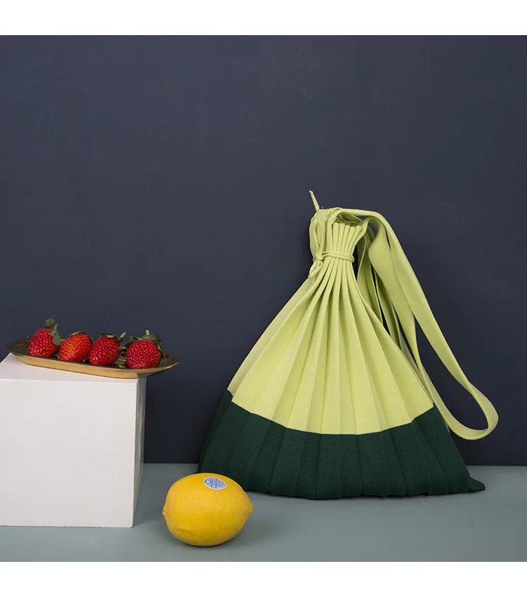 Wool knitting Pleated Bags Patchwork Drawstring Shopping Bags Girls Causal Large Shoulder Bag Korean Japanese Chic Small Handbag