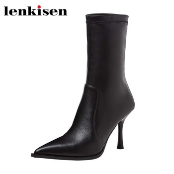 

Lenkisen 2020 autumn winter new arrival cow leather pointed toe super high heel stretch boots elegant lady mid-calf boots L00