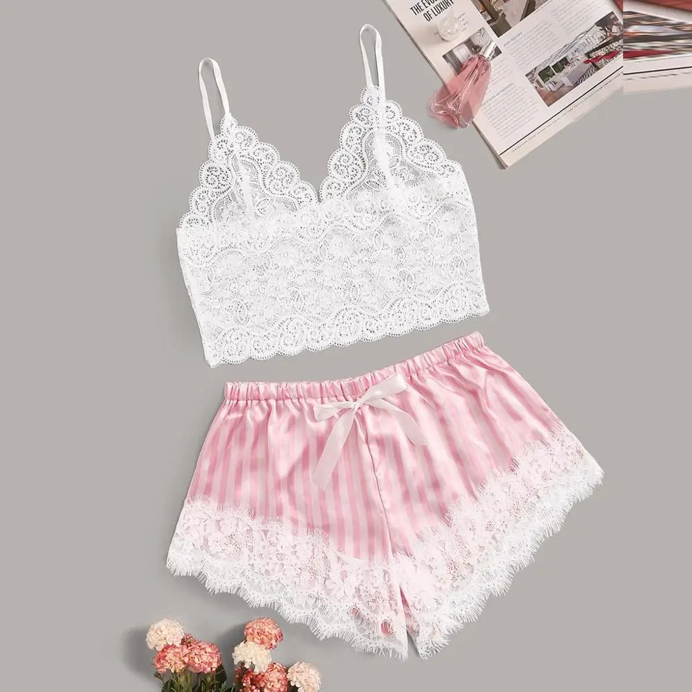 

Women Lace Stain Sleepwear V-Neck Lace Bralette Pajamas Sleepwear Striped Shorts Lingerie Set сексуальное белье #2S16