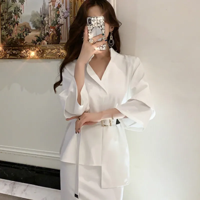 

Autumn Irregular White Shirt Belt Casual Solid Office Work Blouse