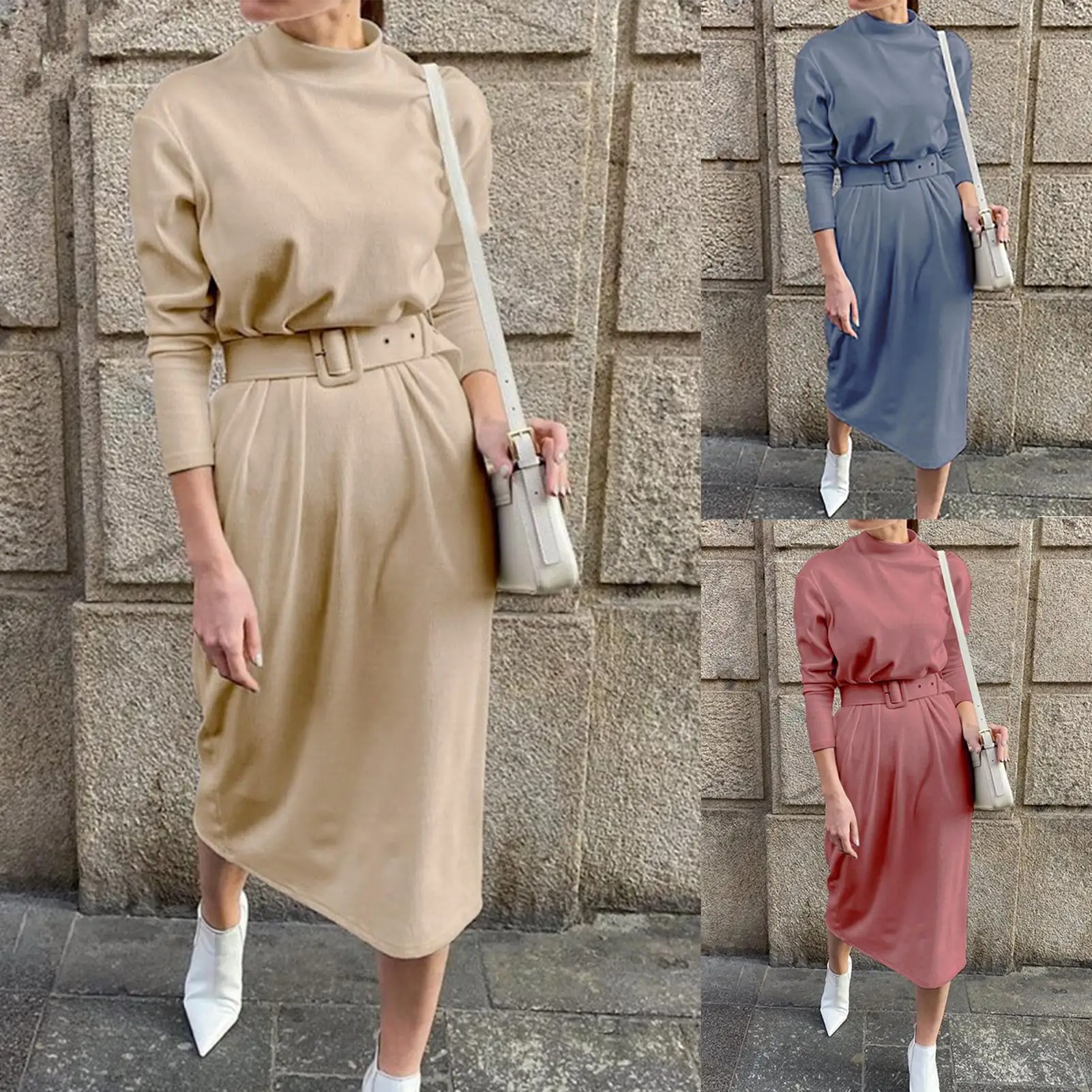

Women Autumn Winter Solid Color Long Sleeve Mock Neck Belt Knitted Midi Dress