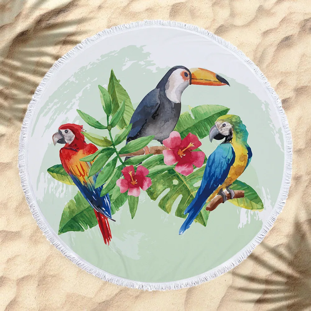

Western Style New Style Superfine Fibre round Beach Towel Bath Towel Bird Printed Webbing Tassels 150cm Export
