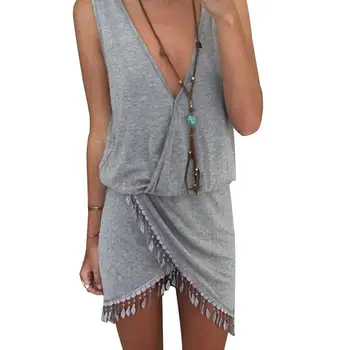 

New Women Solid Color Fringed Irregular Hem Sleeveless Deep V Neck Beach Mini Dress