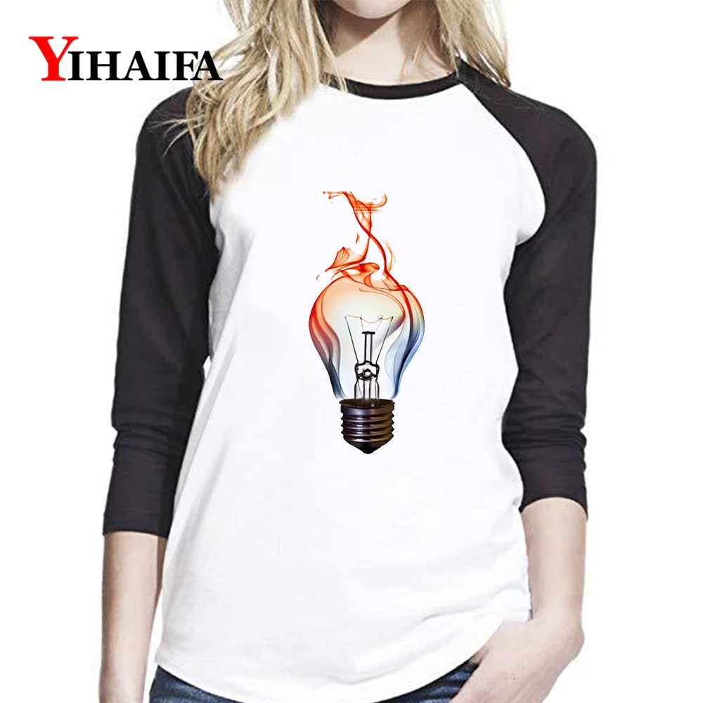 

Women Long Sleeve T Shirts Creative 3D Printed Tops Girls White Tee Shirt Funny Light Bulb Graphics Casual T-Shirt