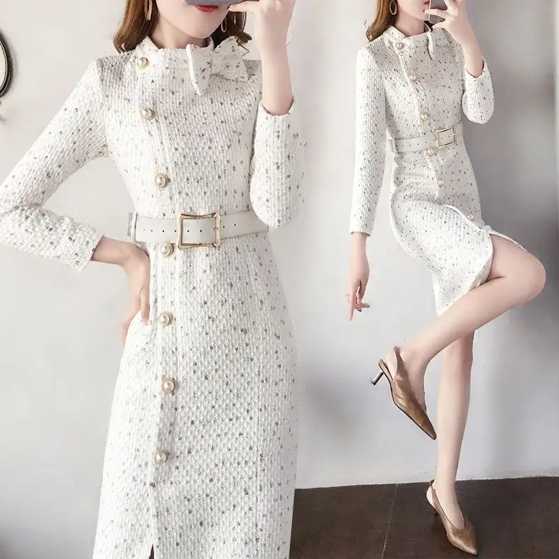 

Women Autumn Winter Elegant Tweed Bodycon Dress Female Long Sleeve Warm Sheath Dress Lady Slim Vintage Vestidos With Sashes V460