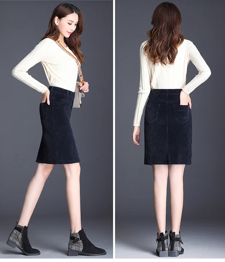 Осенне-зимняя женская тонкая повседневная юбка Вельветовая офисная винтажная шикарная элегантная Корейская юбка трапециевидной формы большого размера S-5XL