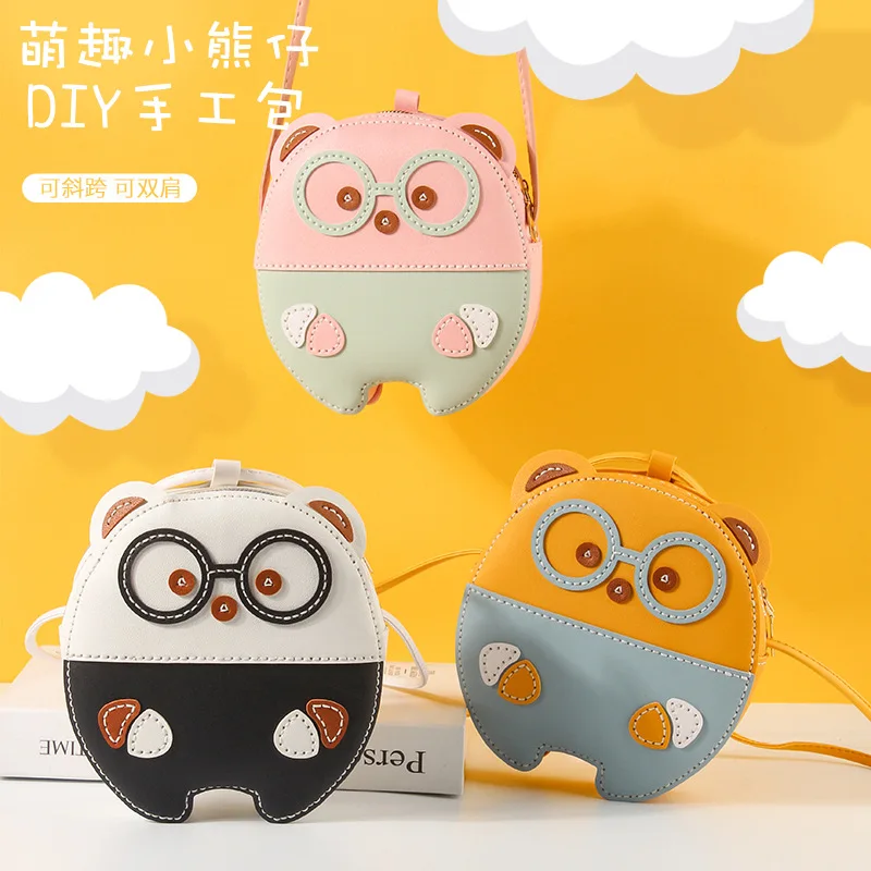 Women Handbags DIY Handmade Carton Bag Glass Bear Shoulder Strap Handbag Leather Bag With Hardware Accessories For DIY crossbody bag,women handbags,pu crossbody bag,straw crossbody bag