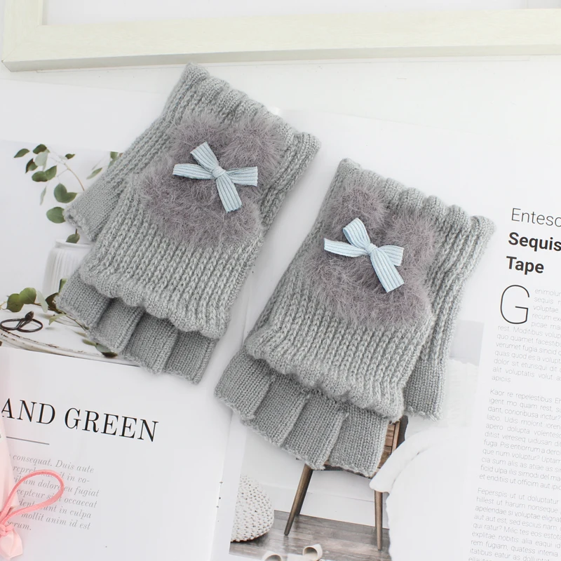 Милые перчатки зимние женские без пальцев Guantes Femme Rabbit luvas толстые теплые рукавички пэчворк Handschuhe для студентов и девушек - Цвет: G95 grey