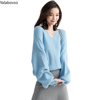 

Newest Design V-neck loose and lazy wind pullover sweater Computer Knitted Irregular Pullovers Casual office lady sweaters Z3