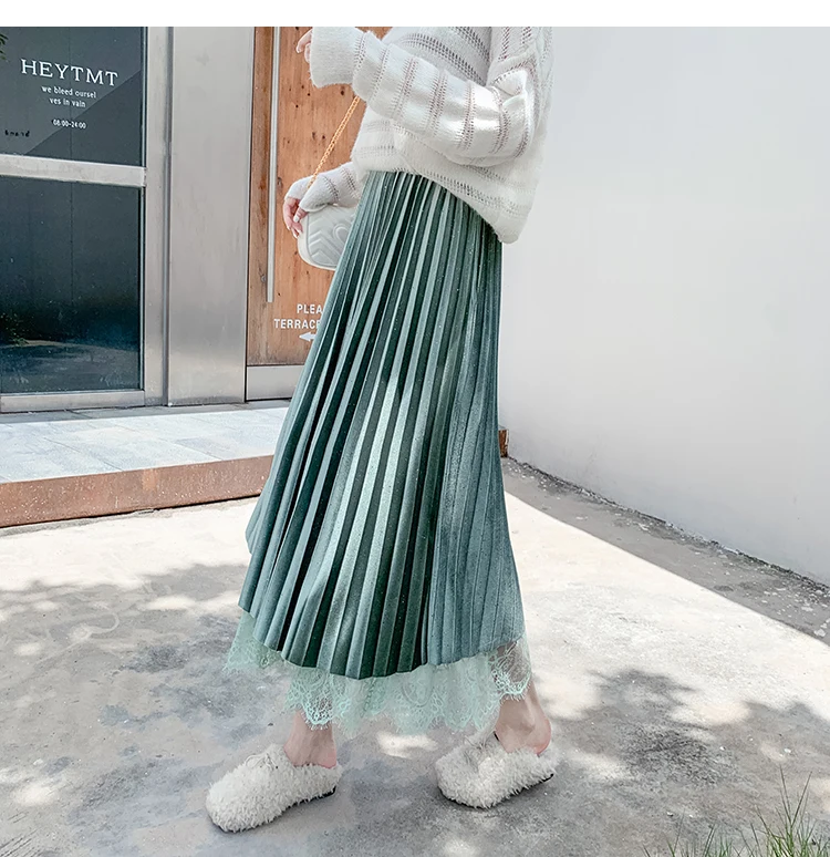 Velvet Skirt Women Autumn Winter Shiny Pleated Party Mesh Lace Skirt Elastic High Waist Patchwork Midi Long Skirt Korea