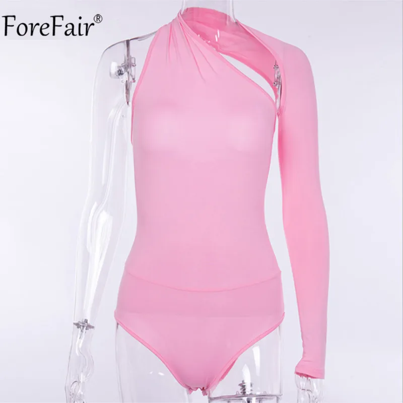 Розовый Forefair/боди на одно плечо с круглым вырезом и длинным рукавом, весна, Женский трикотажный уличная одежда, черный, белый, сексуальный обтягивающий боди - Цвет: Розовый