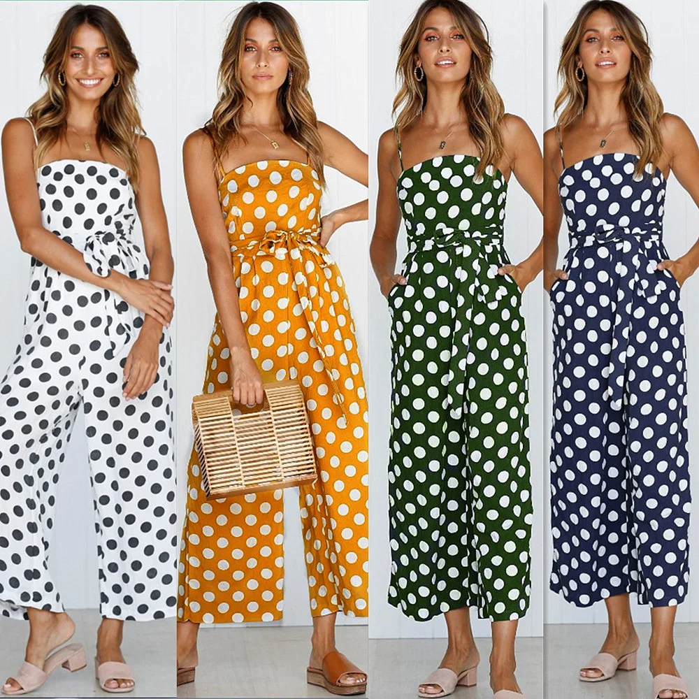 

Summer 2020 women's trend lace up sleeveless off shoulder Polka Dot Jumpsuit fashion loose casual solid color women's Jumpsuit