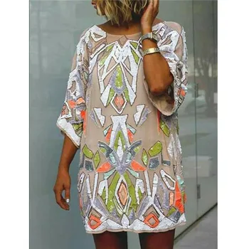 

Dress Ladies Fashion Print Dress Plus Size S-2XL Women Summer Boho Printed Beach Casual Loose Dress O-Neck Beach Dress
