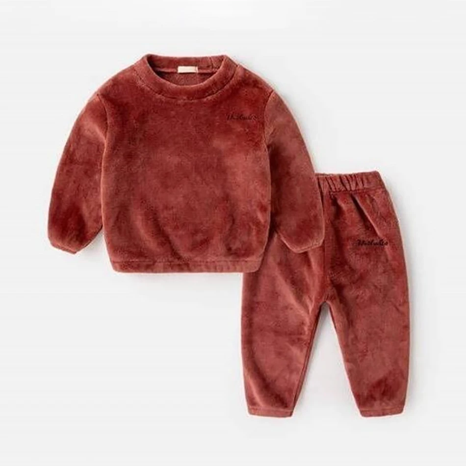 Kids Boys Girls Autumn Winter Thick Warm Soft Pajama Sets Solid Tops with Pants Sleeping Homewear Clothing Suits clothes set color	