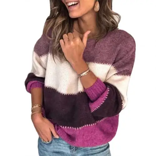 Женский полосатый свитер осень зима О-образный вырез длинный рукав свободный свитер - Цвет: Фиолетовый